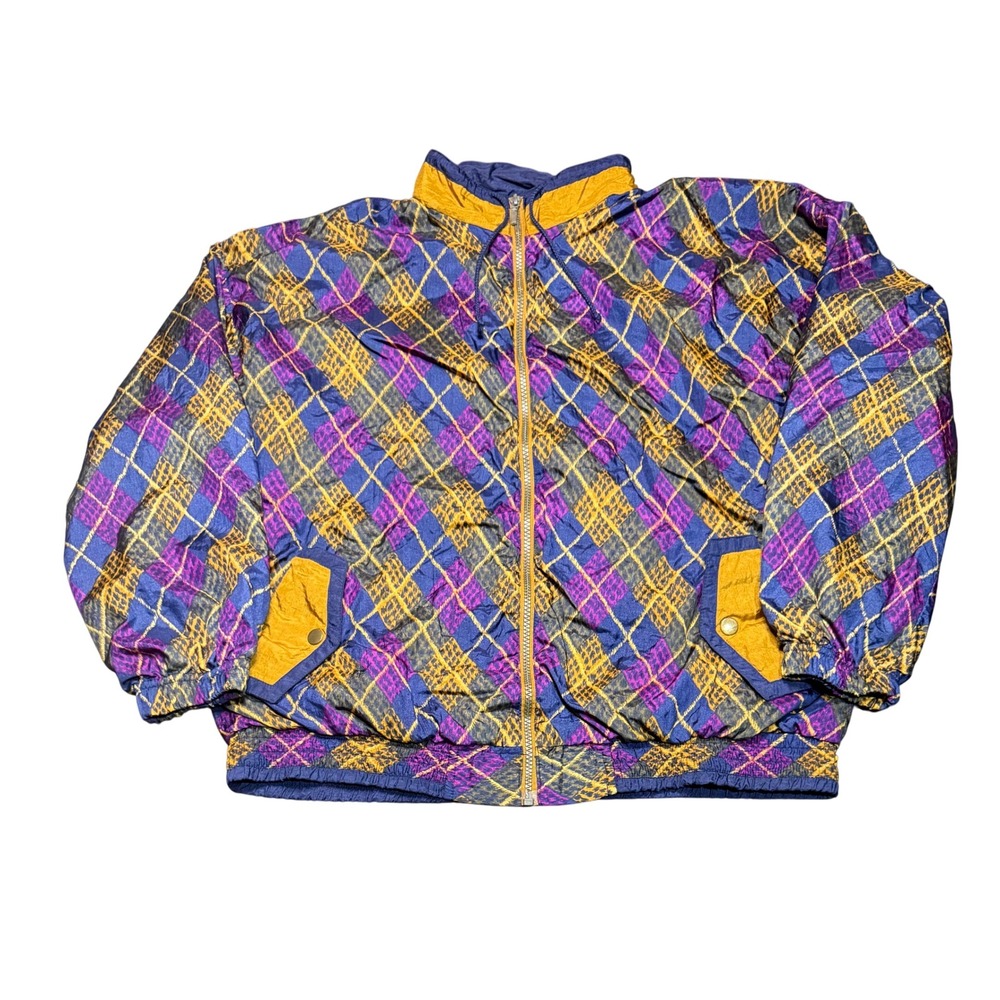 Bold Spirit Argyle Windbreaker Jacket Womens Large Purple Gold Vintage 90s Zip